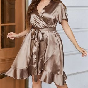 Elegant Satin Wrap Midi Dress in Brown